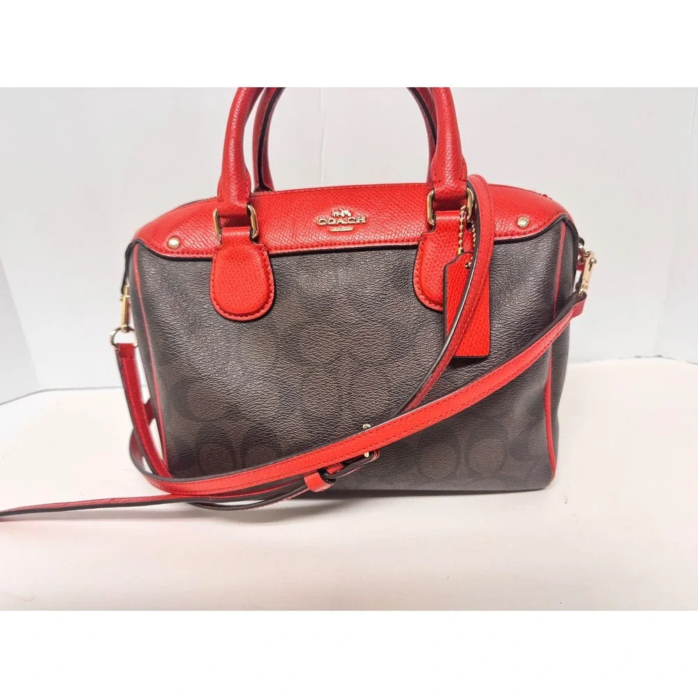 Coach Mini Bennett Brown Signature Canvas Red Leather Trim F83607 Crossbody NWOT
